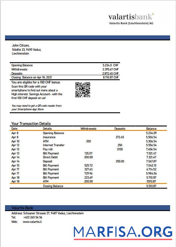 Printable Liechtenstein Valartis bank statement word sample